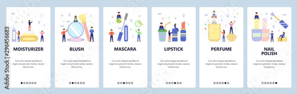 Fototapeta Mobile app onboarding screens. Make up and beauty industry icons, mascara, lipstick, perfume. Menu vector banner template for website and mobile development. Web site design flat illustration