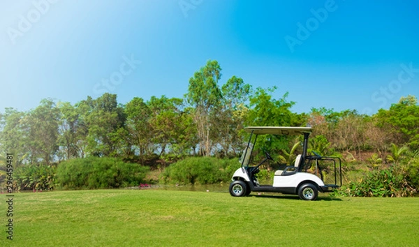 Fototapeta Golf cart car in fairway of golf course with fresh green grass field and cloud sky and tree