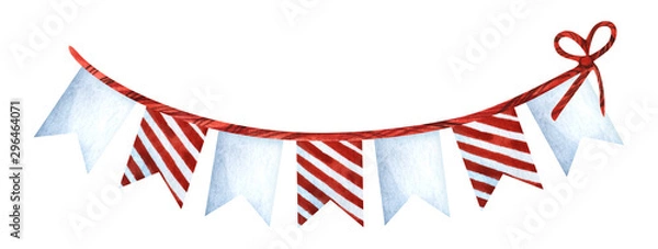 Obraz Festive classic paper flags on a rope. Decor white and red colors. Christmas. Decorative elements. Hand drawn watercolor illustration isolated on a white background