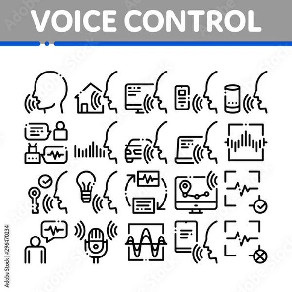 Fototapeta Voice Control Collection Elements Icons Set Vector Thin Line. Voice Controlling Smart House And Car, Laptop And Smartphone Concept Linear Pictograms. Monochrome Contour Illustrations
