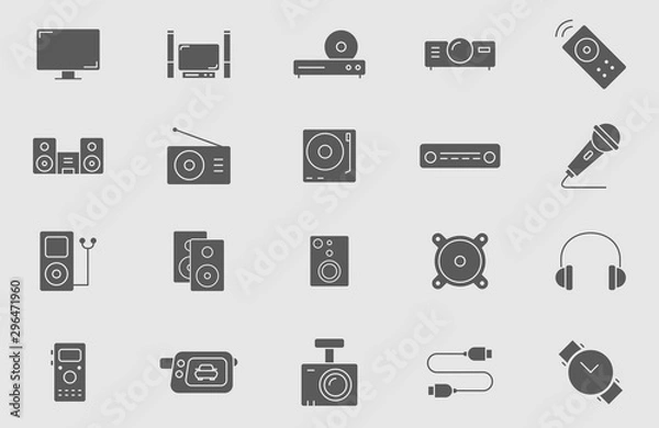 Obraz Digital video and audio equipment icons set - Vector solid silhouettes of media technology and television for the site or interface