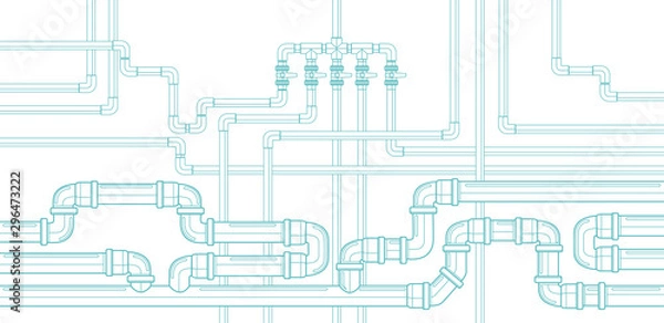 Fototapeta Horizontal background with pipeline. Water supply and sewerage system. Plastic pipes. Vector illustration.