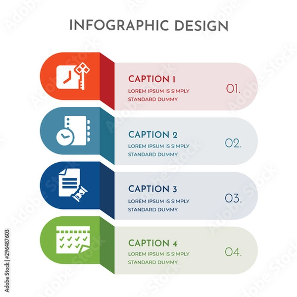 Fototapeta 4 colorful filled icons set such as tasks, planning, agenda, key