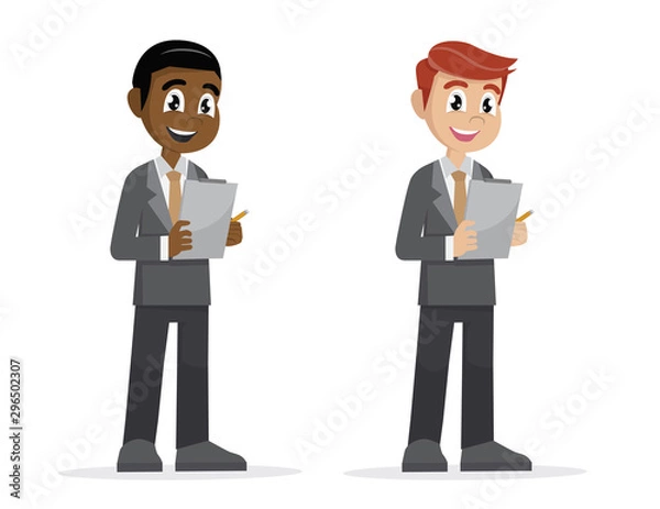 Fototapeta Businessman holding clipboard and takes notes on it.