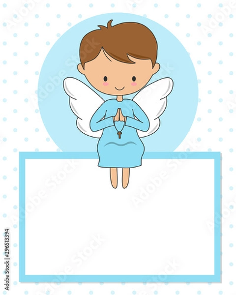 Fototapeta Praying angel sitting in a blank frame. communion or christening card