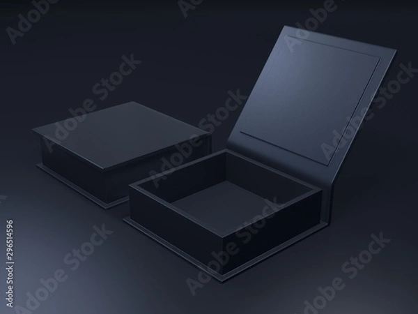Obraz Black blank cardboard box on a dark background. Mock up template. 3d rendering