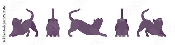 Fototapeta Black Cat stretching. Active healthy kitten with dark, gray colored fur, cute funny pet, mystic bad luck omen. Vector flat style cartoon illustration isolated on white background, different views