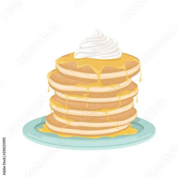 Fototapeta A stack of fried pancakes with honey and whipped cream. Delicious breakfast. Cartoon vector illustration.