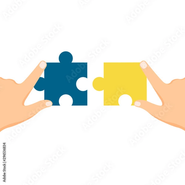Fototapeta Hands holding jigsaw puzzle. Pieces of puzzle icon vector illustration