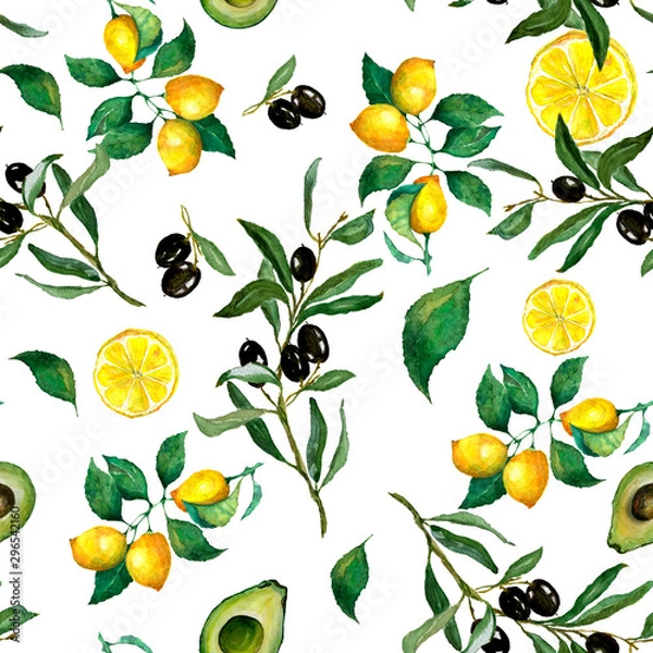 Fototapeta Watercolor seamless pattern of lemon, lemon slices, olives, olive branch  and avocado on a white background. Excellent design for packaging, wrapping paper textile, menu, card, banner and etc.
