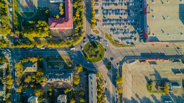 Fototapeta Drones Eye View - traffic jam top view, transportation concept, roundabout intersection crossroad aerial view from above
