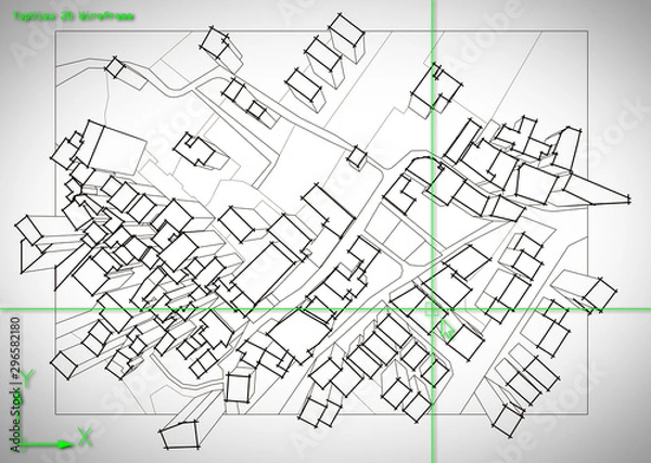 Fototapeta Imaginary city map of territory with 3D buildings of a residential district - concept image with a CAD (Computer-Aided Design) software interface