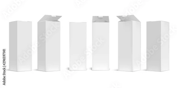 Fototapeta High box mockup. White open cardboard packaging long boxes, rectangular pack with realistic shadow vector set. Blank carton container, paper packages for transportation isolated on white background