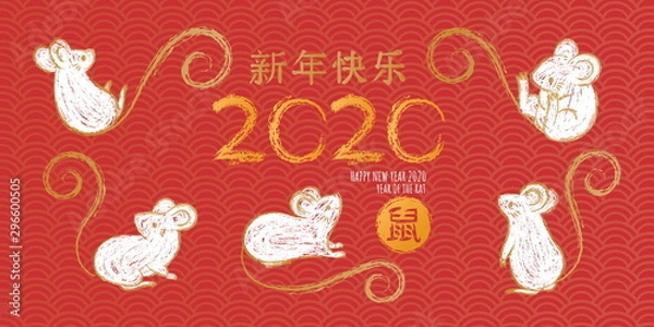 Obraz Set of hand drawn rats, mouse in different poses on white background. Vector illustration, cartoon doodle style.