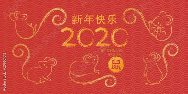 Obraz Set of hand drawn rats, mouse in different poses on white bacground. Vector illustration, cartoon doodle style.