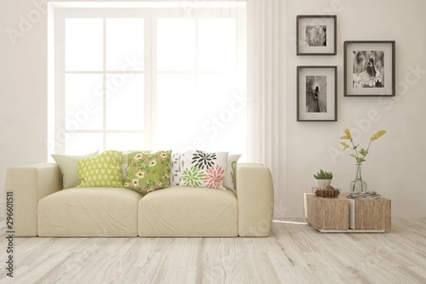 Fototapeta Stylish room in white color with sofa. Scandinavian interior design. 3D illustration