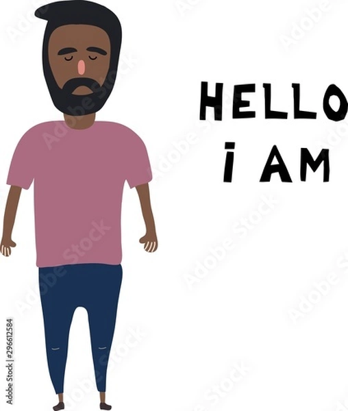 Obraz Hello I am. Inscription. Places for the text, copy spase. The black man, the drawing in style flat