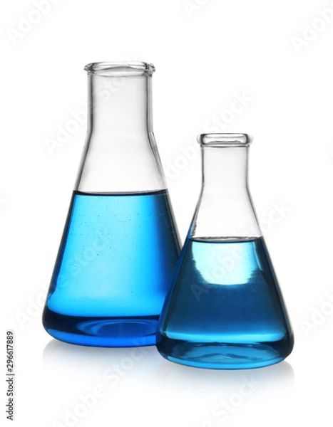 Fototapeta Conical flasks with blue liquid on white background. Laboratory glassware