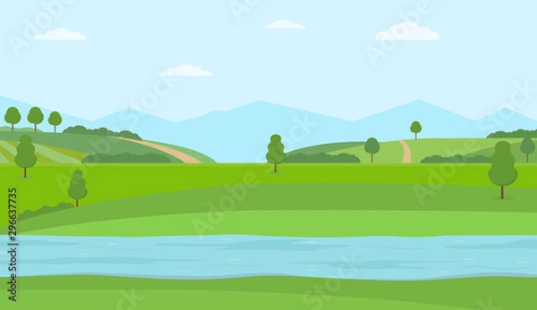 Obraz Flat vector illustration with river, green hills and mountains. Rural summer landscape.