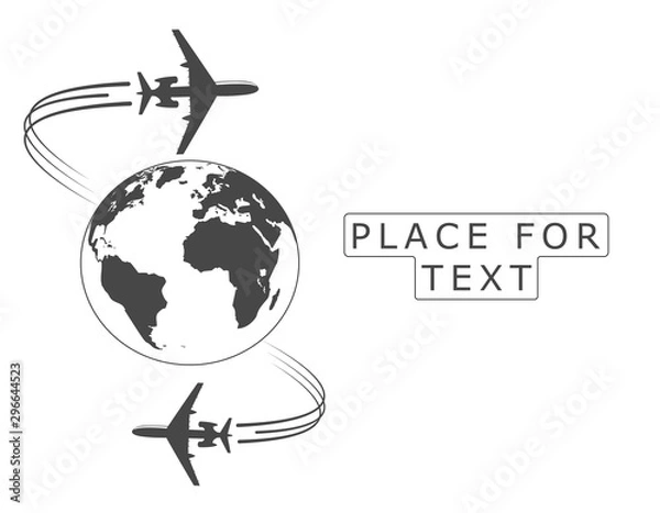 Fototapeta Airplane. Silhouette soaring around the globe. A twisting plane trail. Illustration with space for text. Vector monochrome style.