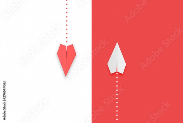 Fototapeta red and white paper airplane flying different directions.different thinking concept