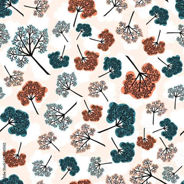 Fototapeta Seamless pattern of orange and teal berry sprigs or clusters on a light background with cloud silhouettes in autumn colors. Perfect for wrapping paper, textile, fabric and backdrops. Vector.