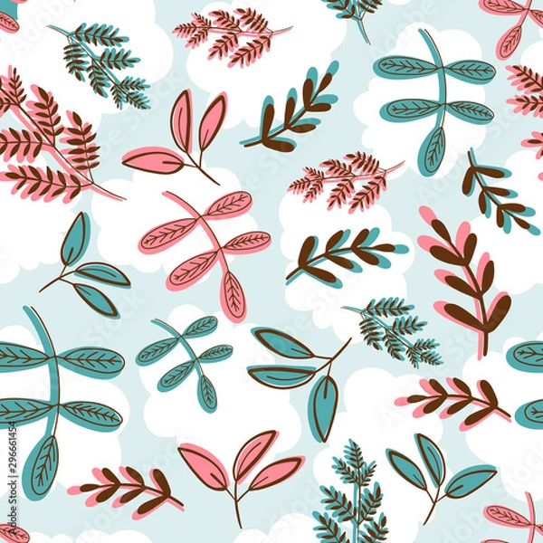 Fototapeta Seamless pattern of a variety of blue, teal and coral red branches, leaves and sprigs on a light blue background with cloud silhouettes. Perfect for wrapping paper, textile, fabric and backdrops