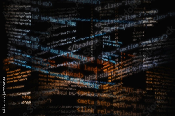 Obraz Cluttered random HTML codes for website development. White, yellow, and blue gradient effect in black background for overlay. 