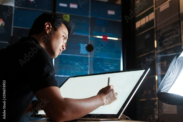 Obraz close up man working on multi touchscreen 