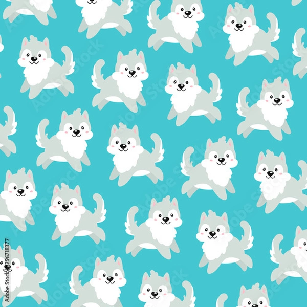 Fototapeta Vector pattern with kawaii cute dogs on a blue background. Joyful and happy cartoon puppies jump in different directions. Textiles for children's things.