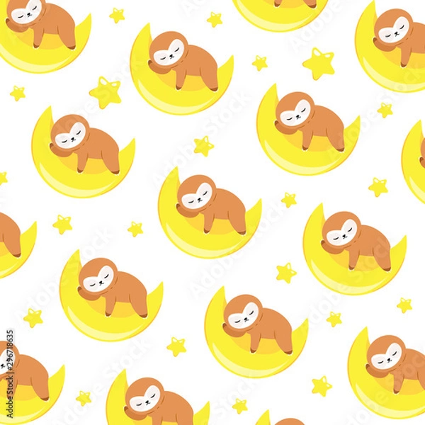 Obraz Vector pattern with baby sloth. Little sloth sleeps on the moon and has sweet dreams. There are yellow stars near the moon. Pattern for baby products.