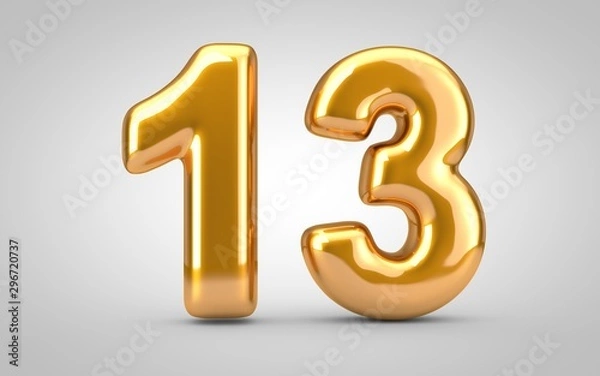 Fototapeta Golden metallic balloon number 13 isolated on white background.