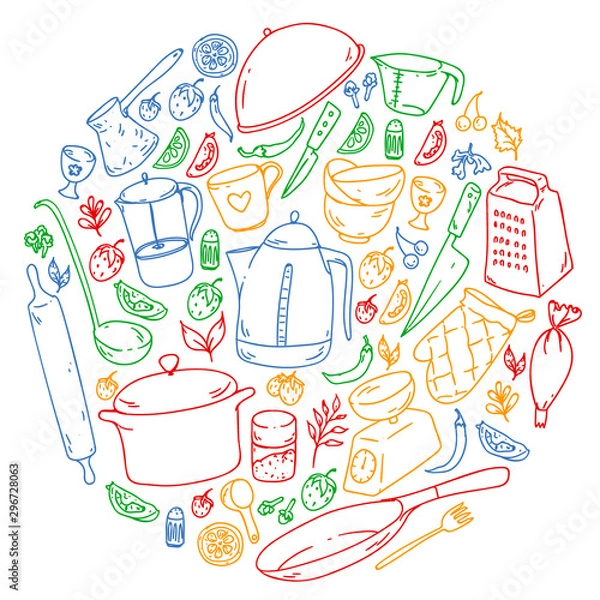 Obraz Cooking class. Kitchenware, utencils. Food and kitchen icons.