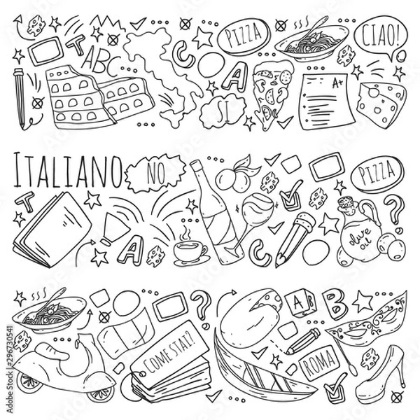 Fototapeta Italian language learning. Vector pattern with icons and national symbols of Italy.