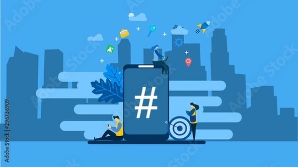 Fototapeta phone with hashtag sign,Tiny People Character Concept Vector Illustration, Suitable For Wallpaper, Background, Card, banner,Book Illustration, Web Landing Page
