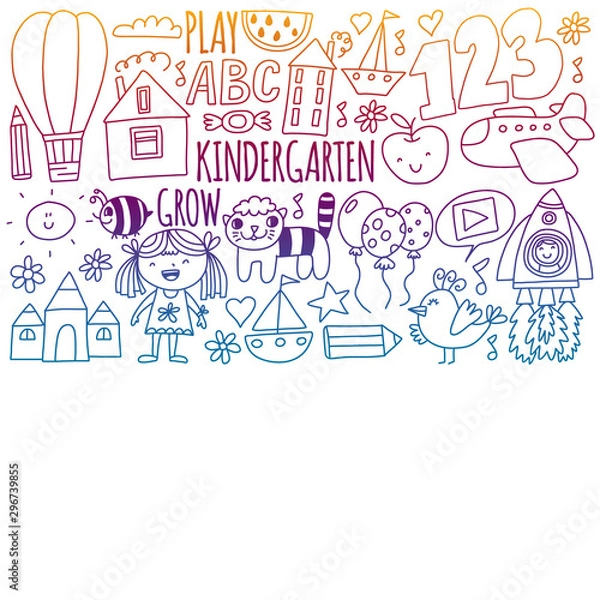 Fototapeta Cute school children. Imagination and creativity. Play and learn, singing, dancing, reading, drawing.