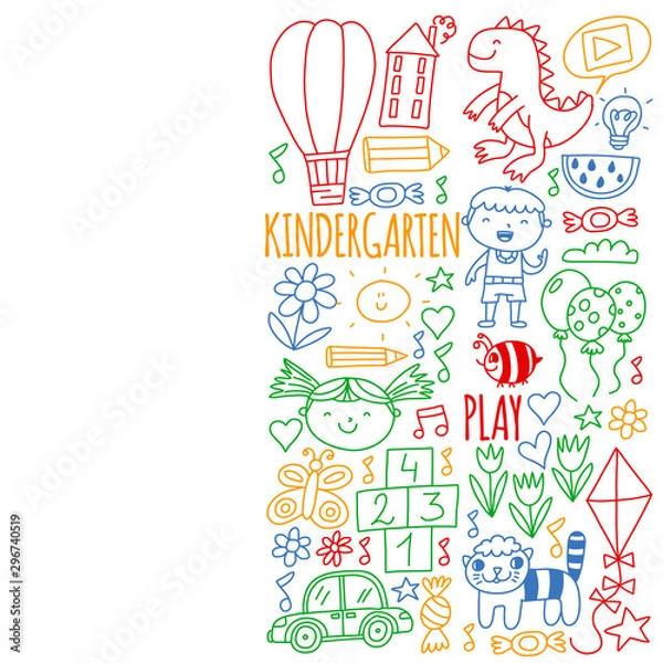 Fototapeta Vector pattern for kindergarten banners, posters with moon, planet, spaceship, rocket, sun, fruits, house, flowers. Creativity and imagination.