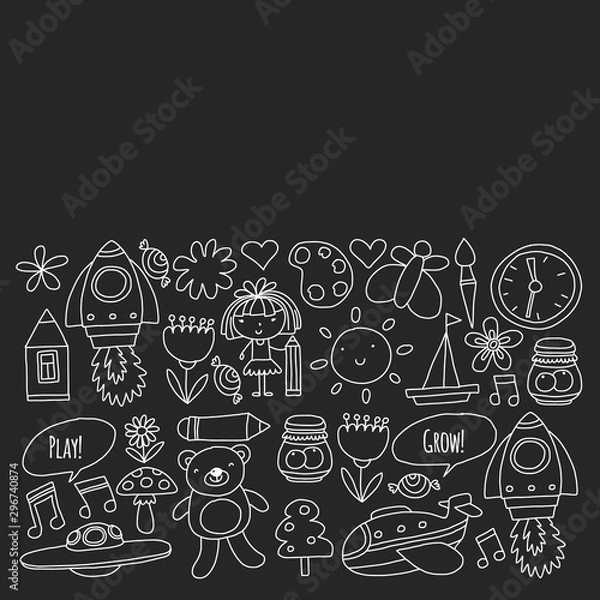 Fototapeta Vector pattern with little children. Kindergarten, play and grow together. Icons of toys and kids in doodle style