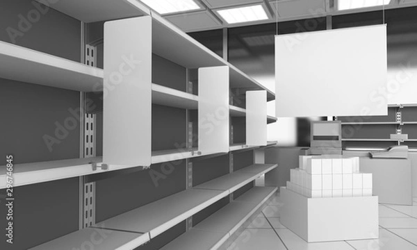 Fototapeta Empty Supermarket Shelves With Shelf-Stopper And Big Banner. . 3D render