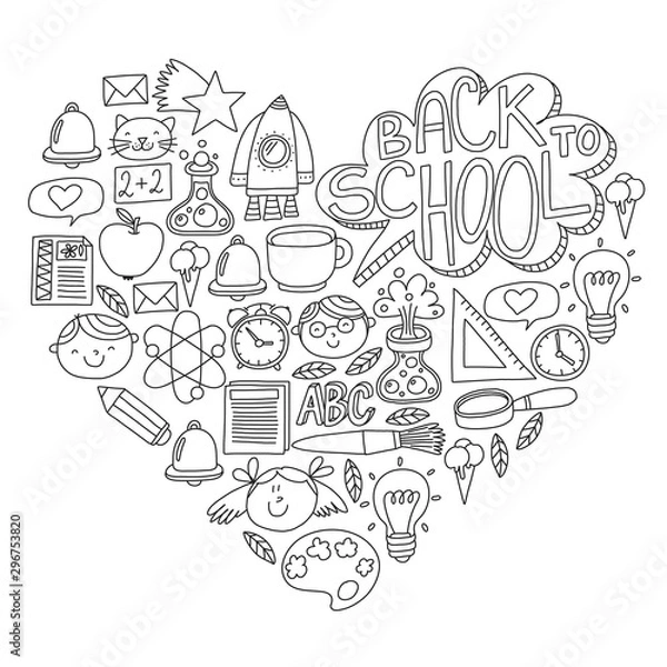 Fototapeta Vector pattern with school icons with little students. Children study chemistry, creativity, mathematics, physics, algebra, geometry, biology, geography, astronomy.