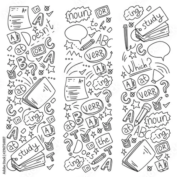 Obraz Language school for adult and kids. Pattern with icons about english learning.