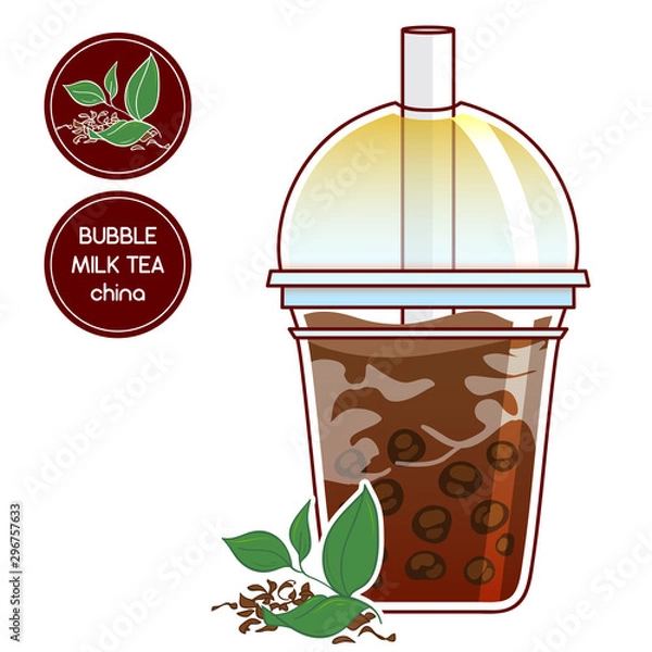Fototapeta Vector elements for food and drinks design. Plastic cup with China boba tea, tapioca bubbles in milk tea. Fresh and dry tea leaves. Realistic flat style. Also sticker and label for package