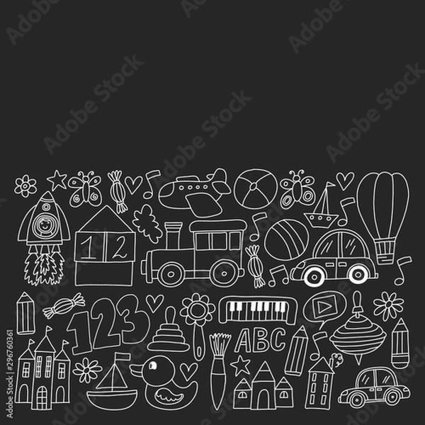 Fototapeta Kindergarten preschool school children. Kids drawing style vector pattern. Play grow learn together.