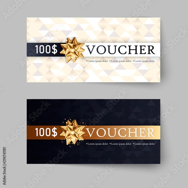 Fototapeta Vector set of luxury gift vouchers with ribbons and bow. Elegant template for a festive gift card, coupon and certificate. Discount Coupon Template. Vector Illustration EPS10