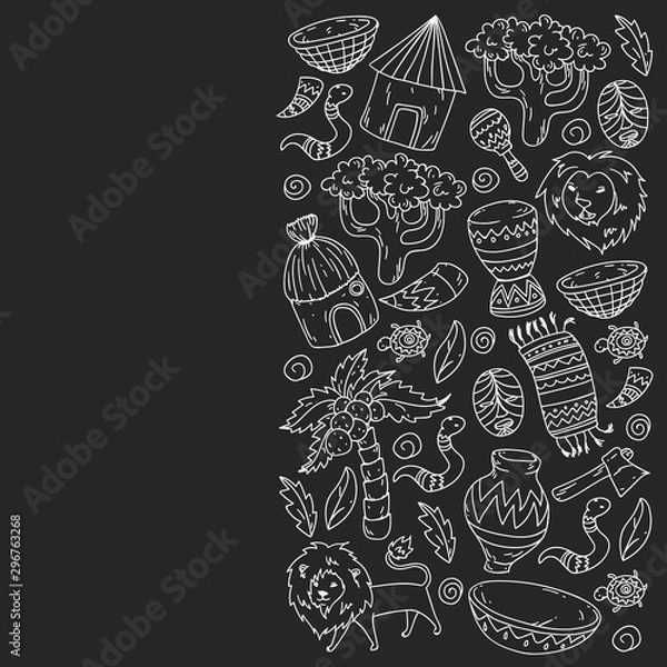 Fototapeta Vector african tribal pattern for banner and posters. Icons of animals and traditional elements for children fabric, clothes, textile. Travel and adventure
