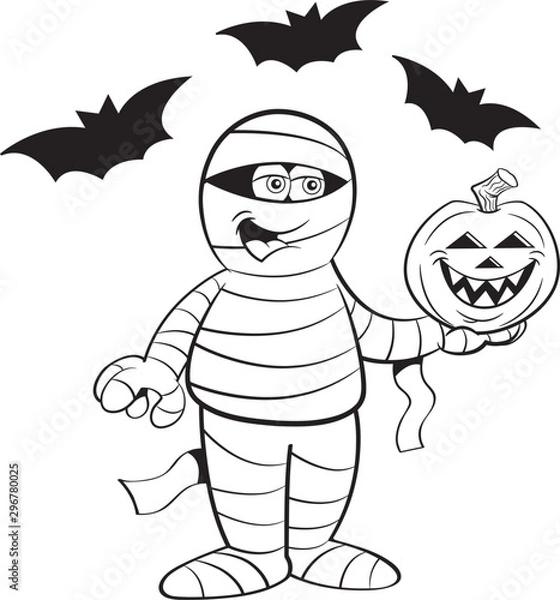 Fototapeta Black and white illustration of a happy mummy holding a pumpkin surrounded by bats.