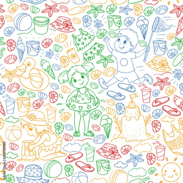 Fototapeta Vector seamless pattern with little chilren. Family summer vacations. Beach, ocean, island, sun. Kids play. Swimming and relaxation.