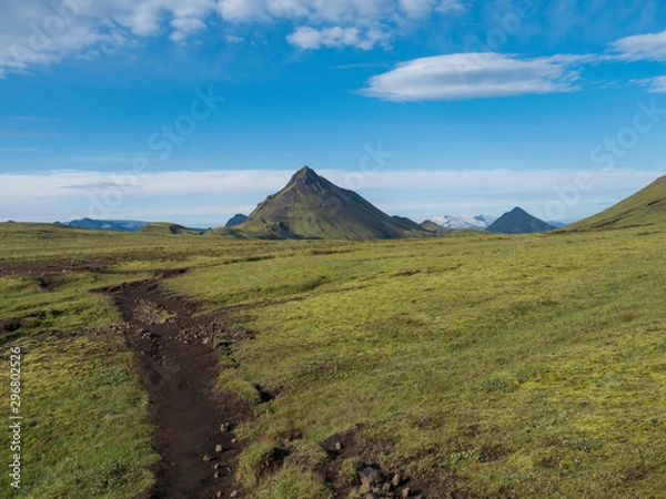 Fototapeta Volcanic landscape with footpath of Laugavegur trek and green Storasula mountain with lush moss and low clouds. Fjallabak Nature Reserve, Iceland. Blue sky background, copy space.
