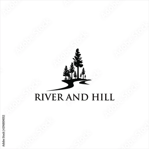 Fototapeta meadow logo river valley black pine, tree vector silhouette illustration for landscape design or print art template 
