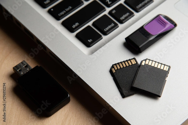 Obraz Memory Cards, Flash Drive, Card Reader, Laptop computer on wooden background